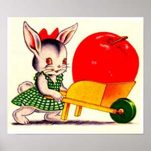 little bunny pushing cart with great big apple poster