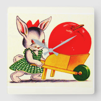 little bunny pushing cart with great big apple square wall clock