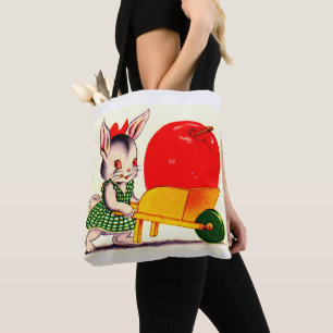 little bunny pushing cart with great big apple tote bag