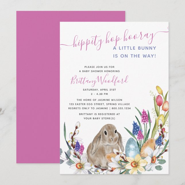 Little Bunny Rabbit and Spring Flower Baby Shower Invitation (Front/Back)