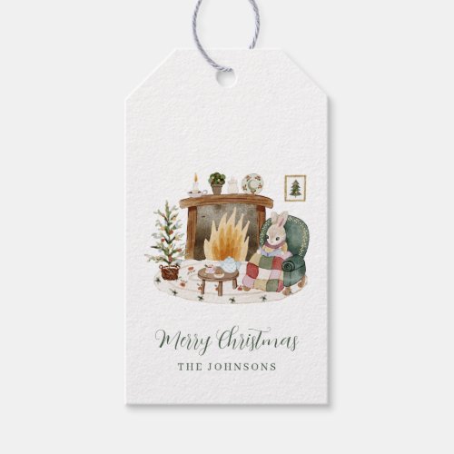 Little Bunny Snuggled up Fireplace Christmas Tree Gift Tags