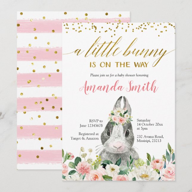 Little Bunny Spring Floral Baby Shower Invitation (Front/Back)