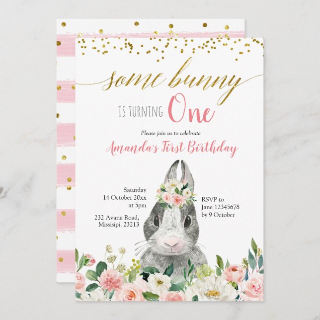 Little Bunny Spring Floral Birthday Invitation (Front/Back)