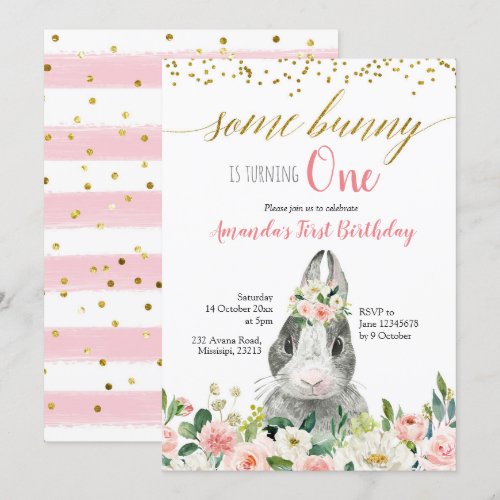 Little Bunny Spring Floral Birthday Invitation