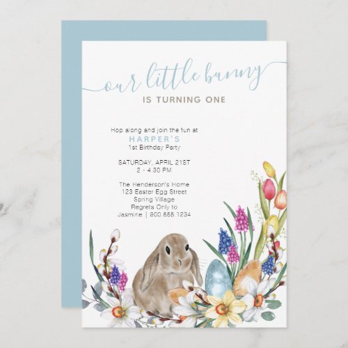 Little Bunny Spring Flower and Rabbit 1st Birthday Invitation