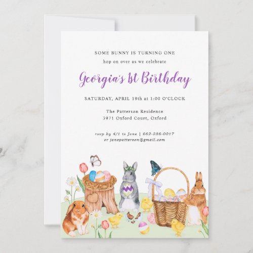 Little Bunny Spring Greenery Birthday Invitation