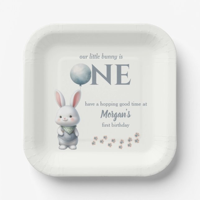 Little Bunny Turning One Blue Boys 1st Birthday Paper Plates (Front)