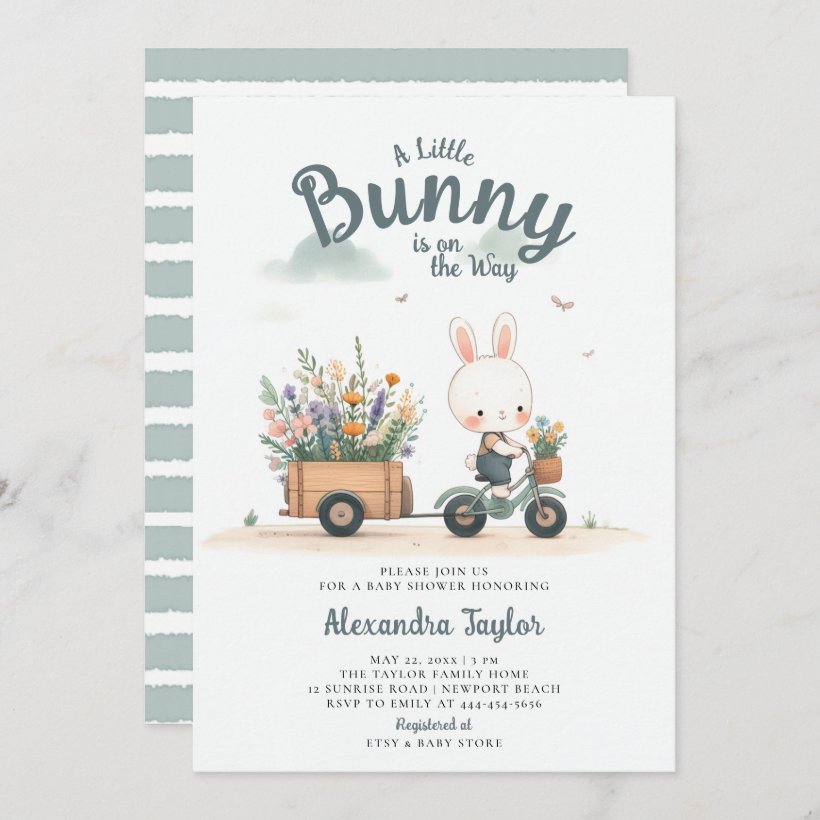 Little Bunny Wildflower Wagon Blue Baby Boy Shower Invitation (Front/Back)