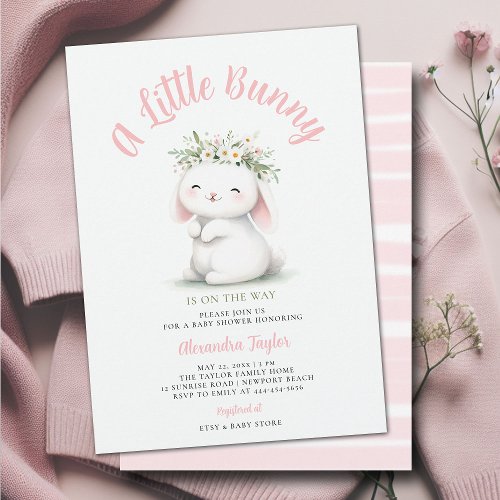 Little Bunny Wildflowers Wreath Baby Girl Shower Invitation