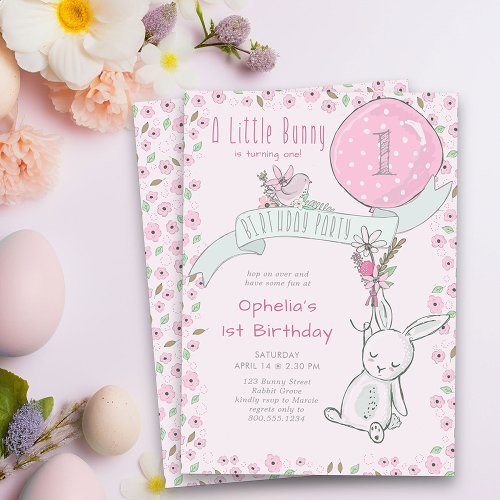 Little Bunny with Balloon Any Age Girl Birthday Invitation