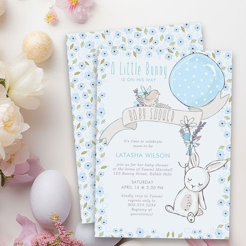 Little Bunny with Balloon Cute Boy Baby Shower Invitation