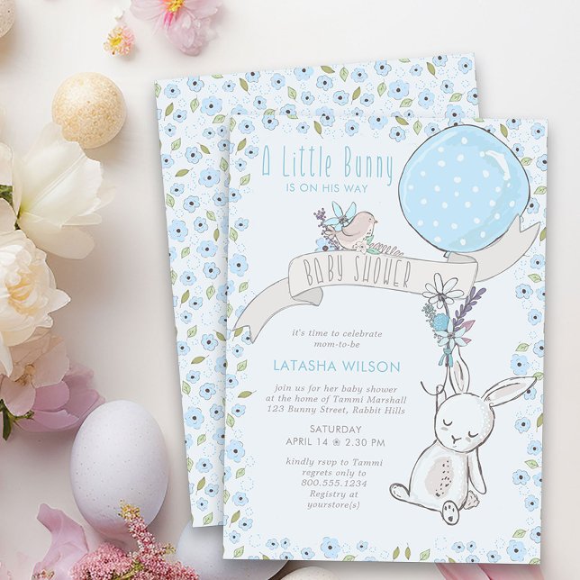 Little Bunny with Balloon Cute Boy Baby Shower Invitation (Boy Baby Shower Invitation from my Little Bunny & Balloon Baby Shower collection)