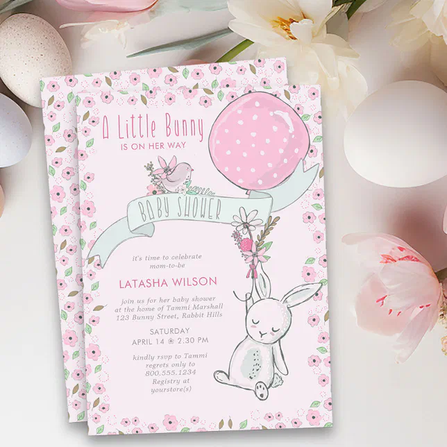 Little Bunny with Balloon Cute Girl Baby Shower Invitation | Zazzle