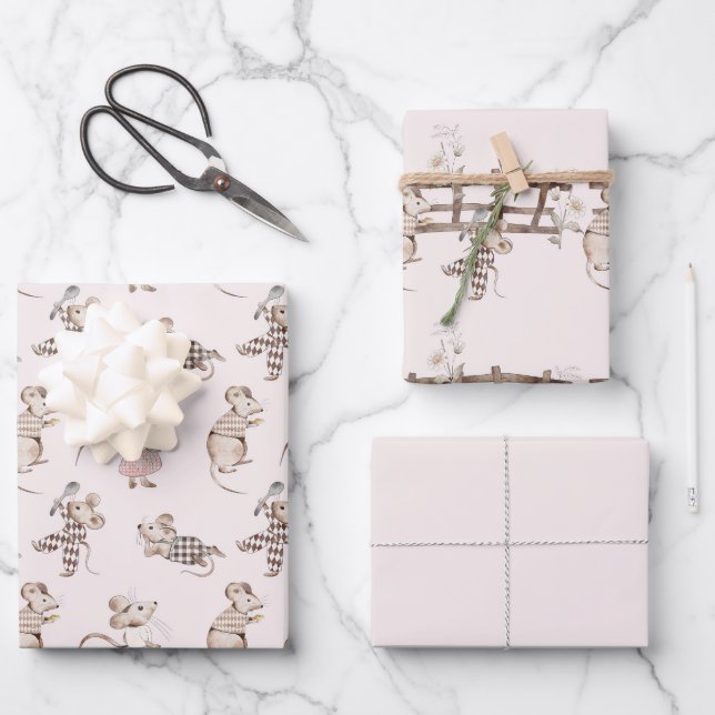 Little Busy Brown Mice Baby Wrapping Paper Sheets (Front)