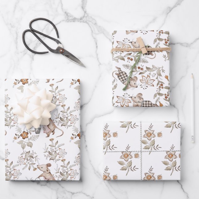 Little Busy Brown Mice Baby Wrapping Paper Sheets (Front)