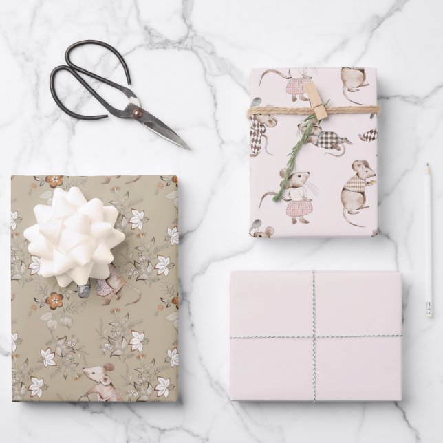 Little Busy Brown Mice Baby Wrapping Paper Sheets (Front)