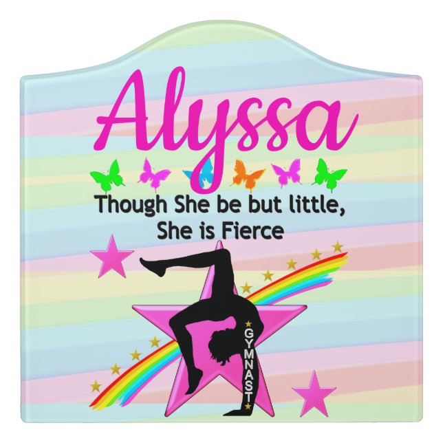 LITTLE BUT FIERCE GYMNASTICS GIRL DESIGN DOOR SIGN (Large Crest Front)