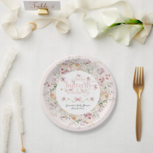 Little Buterfly Blush Pink Floral Girl Baby Shower Paper Plates