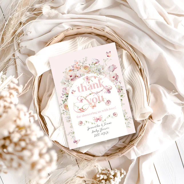 Little Buterfly Blush Pink Floral Girl Baby Shower Thank You Card | Zazzle