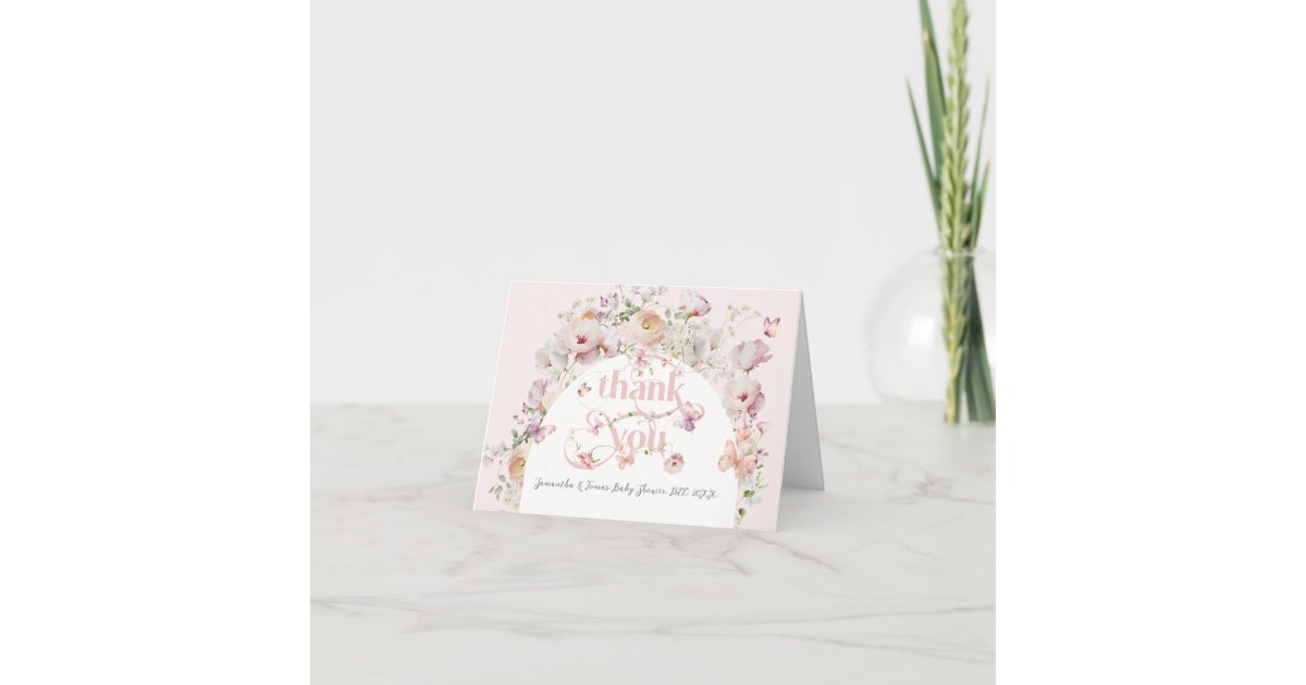 Little Buterfly Blush Pink Floral Girl Baby Shower Thank You Card | Zazzle