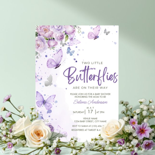Little Butterflies Purple Floral Twins Baby Shower Invitation (Creator Uploaded)