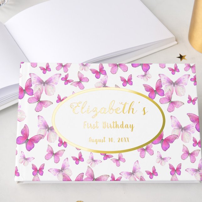Little Butterfly 1st Birthday Pink Girl Gold Foil Guest Book (Creator Uploaded)