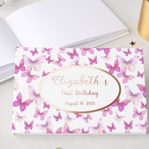 Little Butterfly 1st Birthday Pink Girl Rose Gold Foil Guest Book