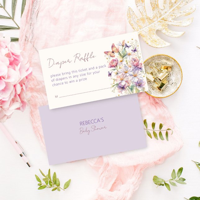 Little butterfly baby shower diaper raffle enclosure card (Little butterfly baby shower diaper raffle enclosure card pastel lilac butterflies wild flowers)