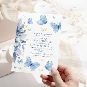 Little Butterfly Blue Flowers Boy Baby Shower Invitation