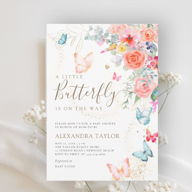 Little Butterfly Bright Garden Baby Girl Shower Invitation (little butterfly baby shower invitation bright colorful garden peach orange teal blue watercolor)