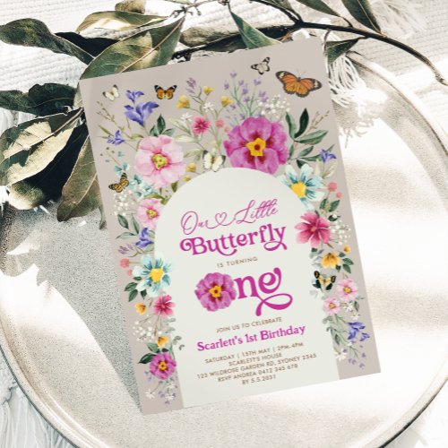 Little Butterfly Bright Wildfower 1st Birthday Invitation
