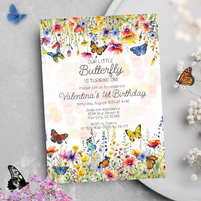 Little Butterfly Colorful Wildflowers Birthday Invitation (Creator Uploaded)