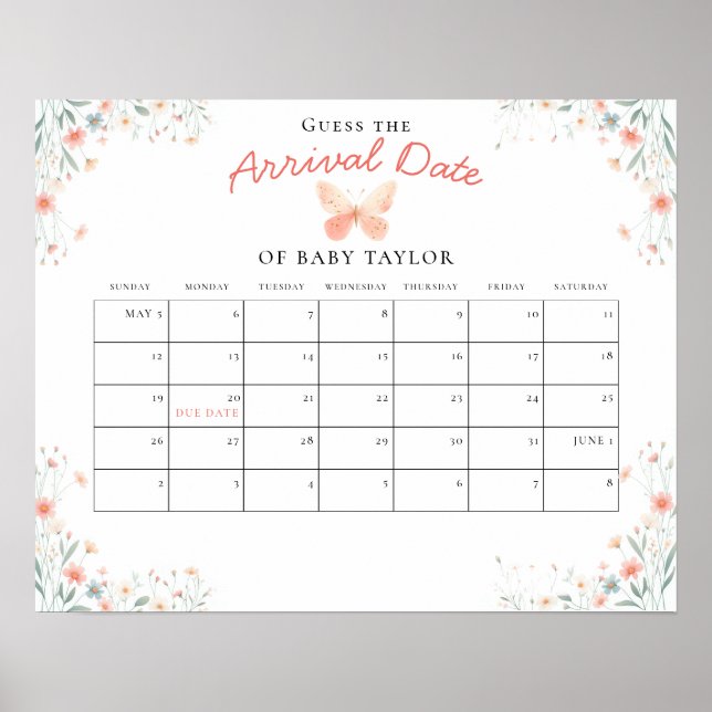 Little Butterfly Coral Girl Baby Shower Guess Date Poster (Front)