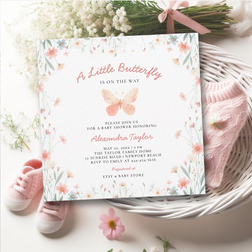 Little Butterfly Coral Teal Cute Girl Baby Shower Invitation