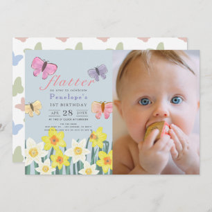 Little Butterfly Daffodil Girl 1st Birthday Photo Invitation