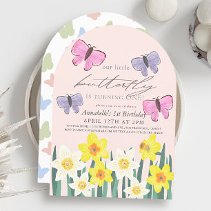 Little Butterfly Daffodil Pink Girl 1st Birthday Invitation