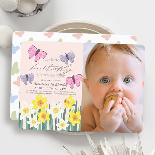 Little Butterfly Daffodil Pink Photo 1st Birthday Invitation