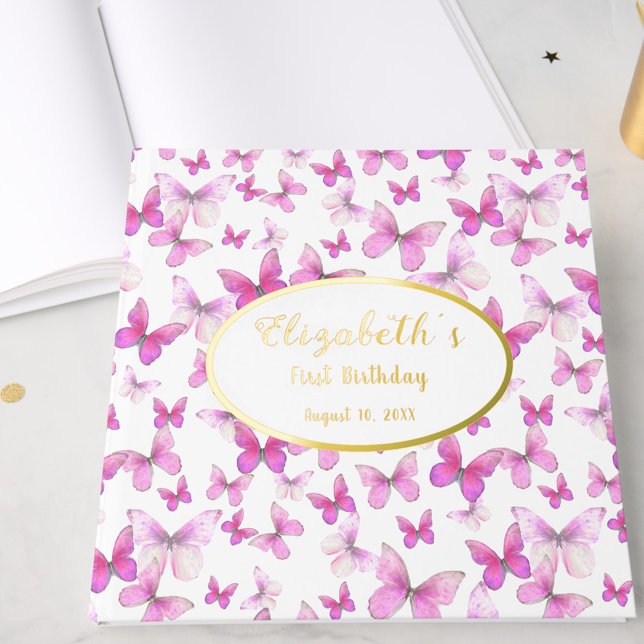 Little Butterfly First Birthday Pink Girl Gold Foil Guest Book (Creator Uploaded)