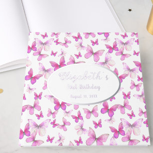 Little Butterfly First Birthday Pink Girl Silver Foil Guest Book
