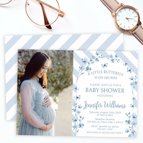 Little butterfly floral baby boy shower photo  invitation