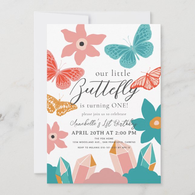 Little Butterfly Floral & Crystal 1st Birthday Invitation (Front)