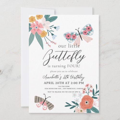 Little Butterfly Floral Girl Birthday Invitation