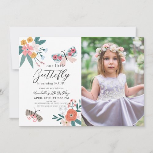 Little Butterfly Floral Girl Birthday Photo Invitation