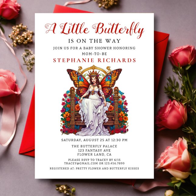 Little Butterfly Floral Red Rose Fairy Baby Shower Invitation (Creator Uploaded)