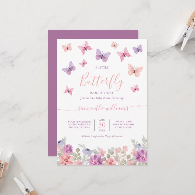 Little Butterfly Flowers Pink & Purple Baby Shower Invitation (Front/Back In Situ)