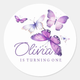 Little Butterfly Girl 1st Birthday Party  Classic Round Sticker