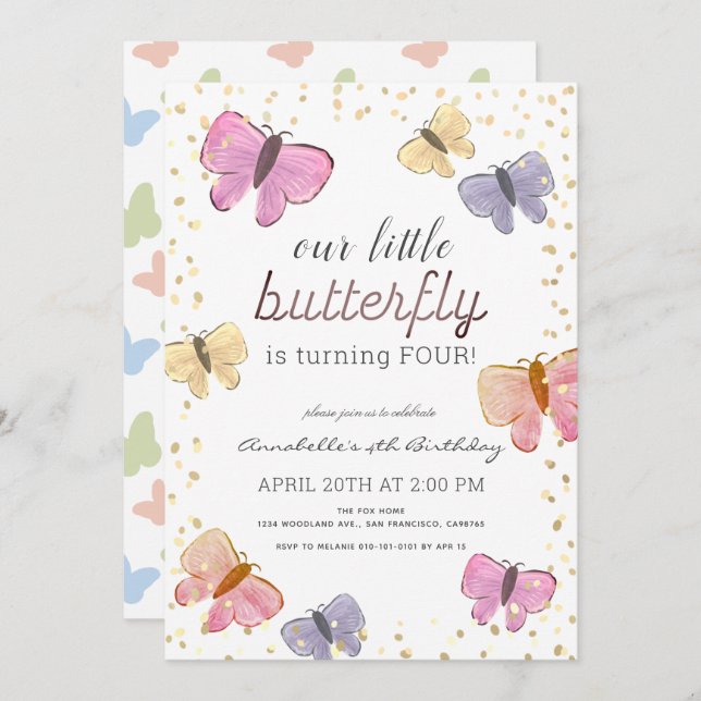 Little Butterfly Girl Birthday Invitation (Front/Back)