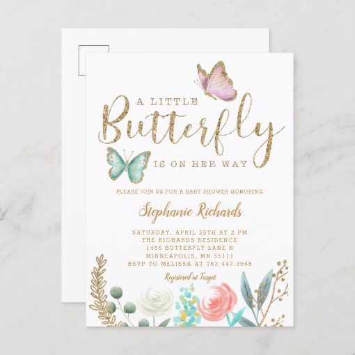 Little Butterfly Is On Her Way Gold Baby Shower Invitation Postcard ...