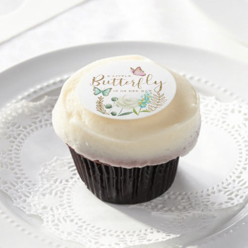 Little Butterfly Is On Her Way Gold Floral Edible Frosting Rounds