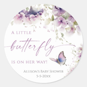 Little butterfly is on the way purple baby shower classic round sticker